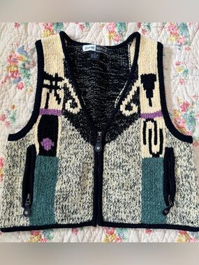 Jamie Sadock Vintage Retro Knit Zip Vest - Cream, Black & Teal, Small
